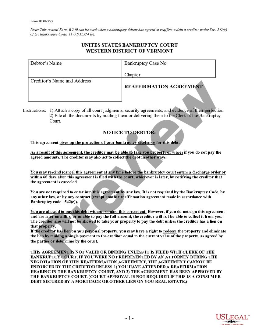 Vermont Reaffirmation Agreement Us Legal Forms 0347