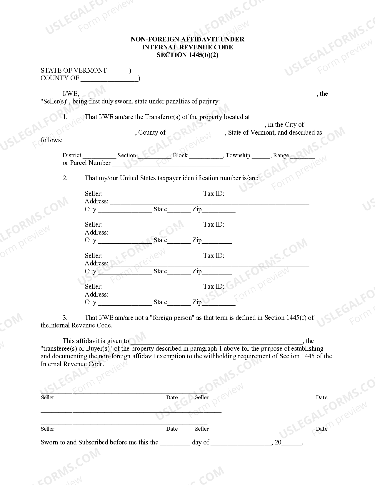 Vermont NonForeign Affidavit Under IRC 1445 US Legal Forms