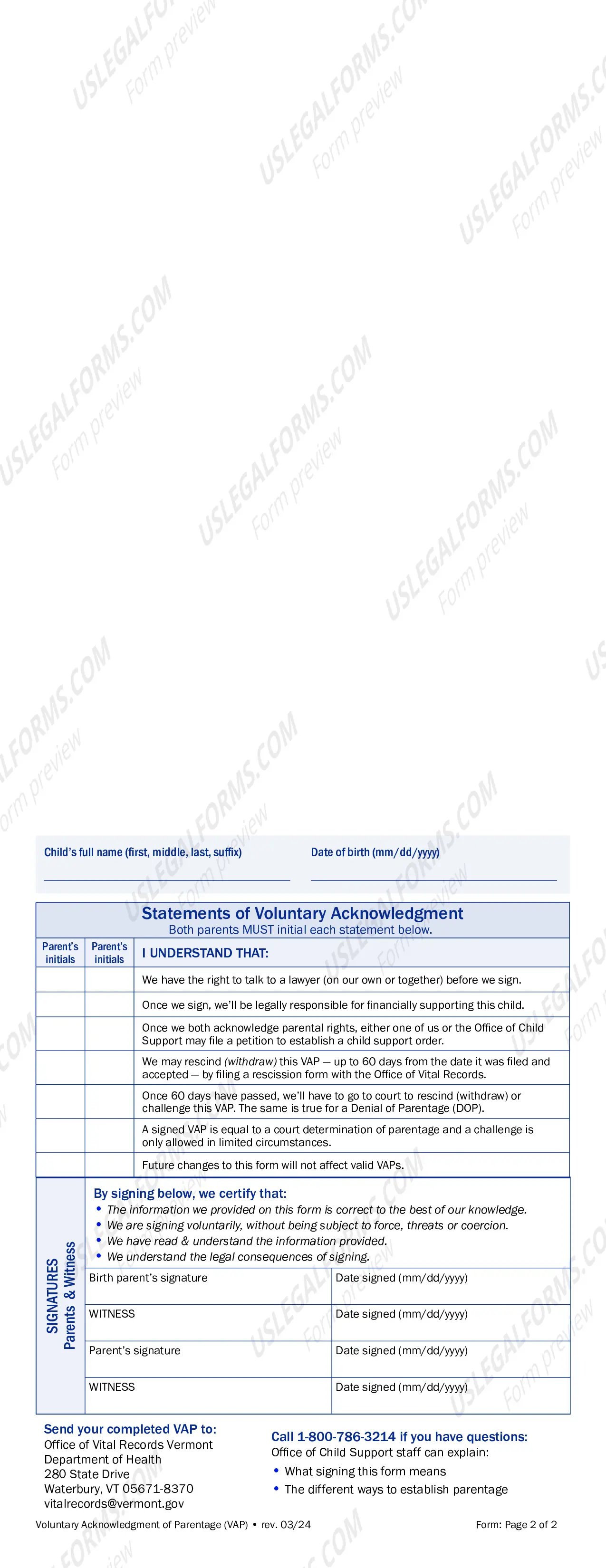Preview Voluntary Ackowledgment of Parentage