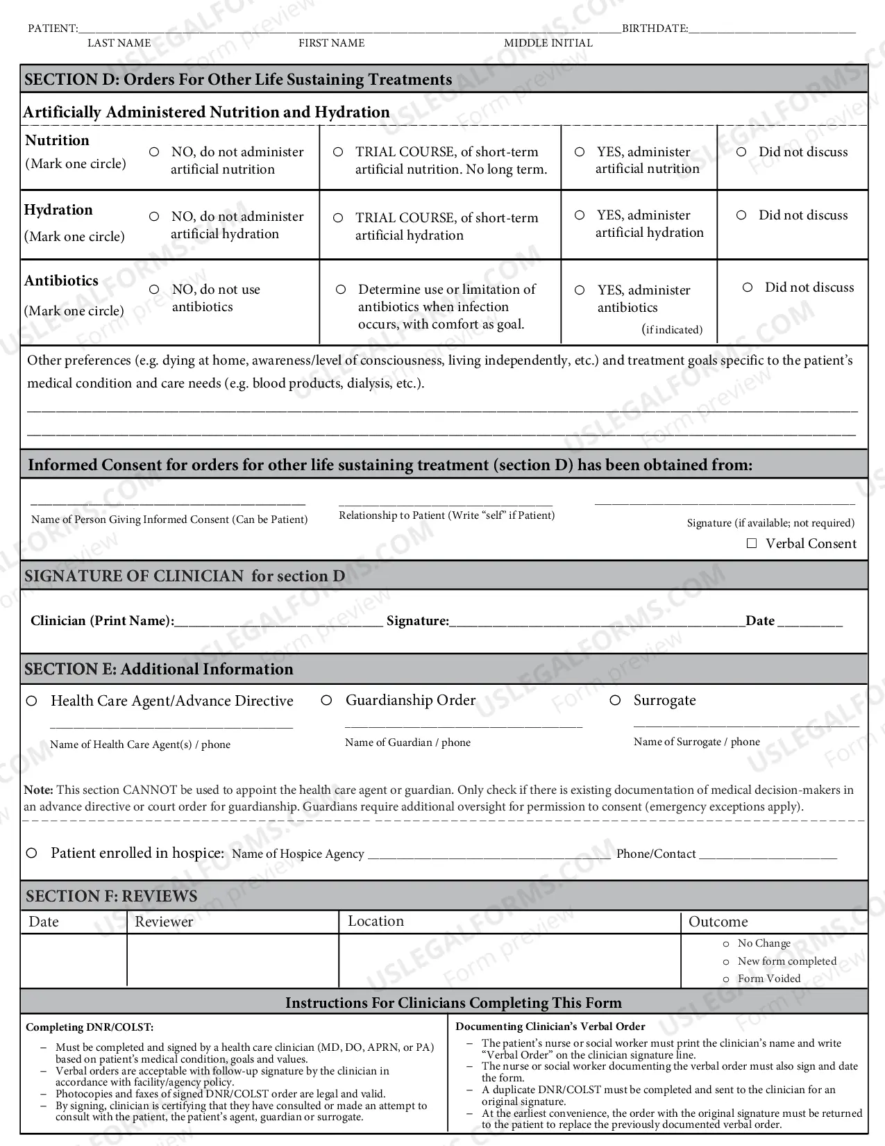 Preview Vermont Do Not Resuscitate Order - Clinician Orders for Life Sustaining Treatment