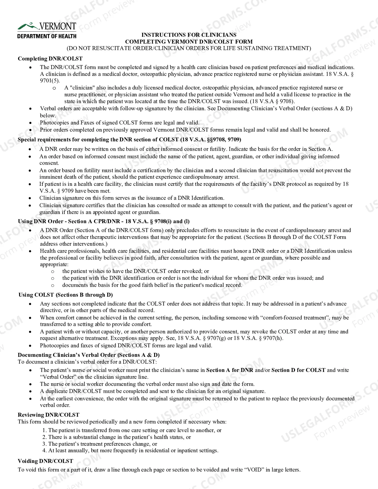 Preview Vermont Do Not Resuscitate Order - Clinician Orders for Life Sustaining Treatment