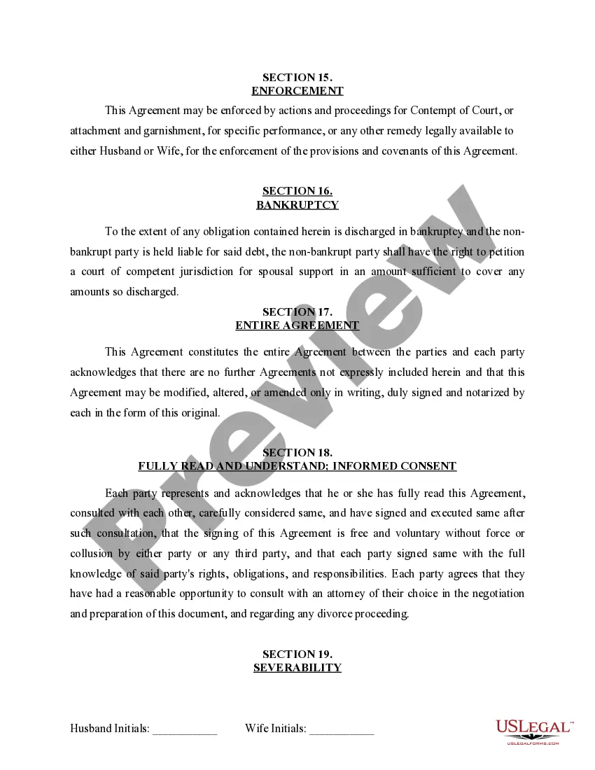 Preview Marital Domestic Separation and Property Settlement Agreement for persons with No Children, No Joint Property or Debts where Divorce Action Filed