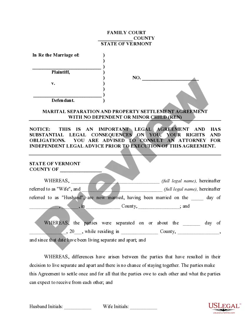 Preview Marital Domestic Separation and Property Settlement Agreement for persons with No Children, No Joint Property or Debts where Divorce Action Filed