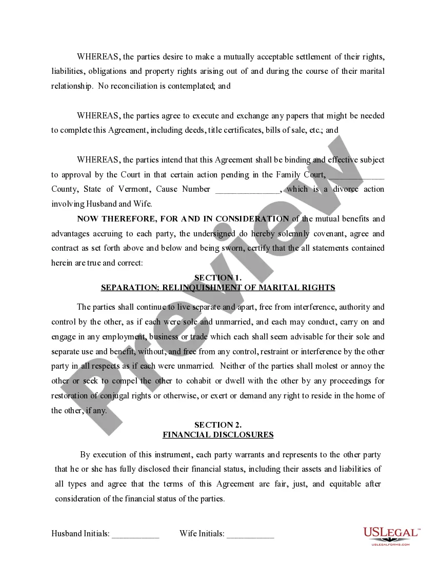Preview Marital Domestic Separation and Property Settlement Agreement for persons with No Children, No Joint Property or Debts where Divorce Action Filed