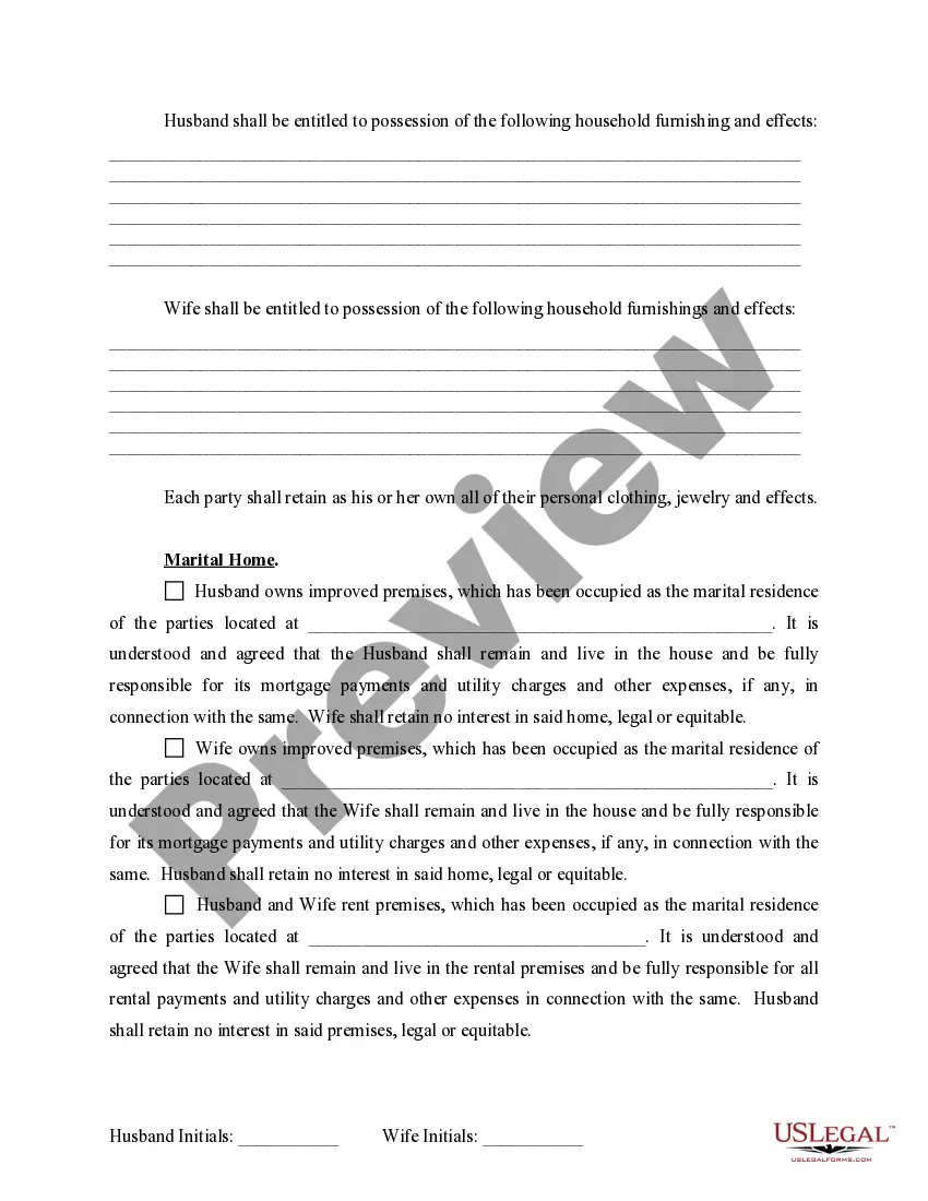 Preview Marital Domestic Separation and Property Settlement Agreement for persons with No Children, No Joint Property or Debts where Divorce Action Filed