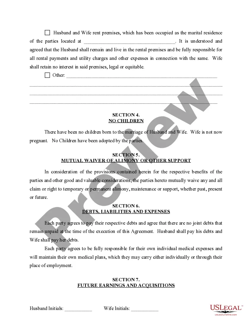Preview Marital Domestic Separation and Property Settlement Agreement for persons with No Children, No Joint Property or Debts where Divorce Action Filed
