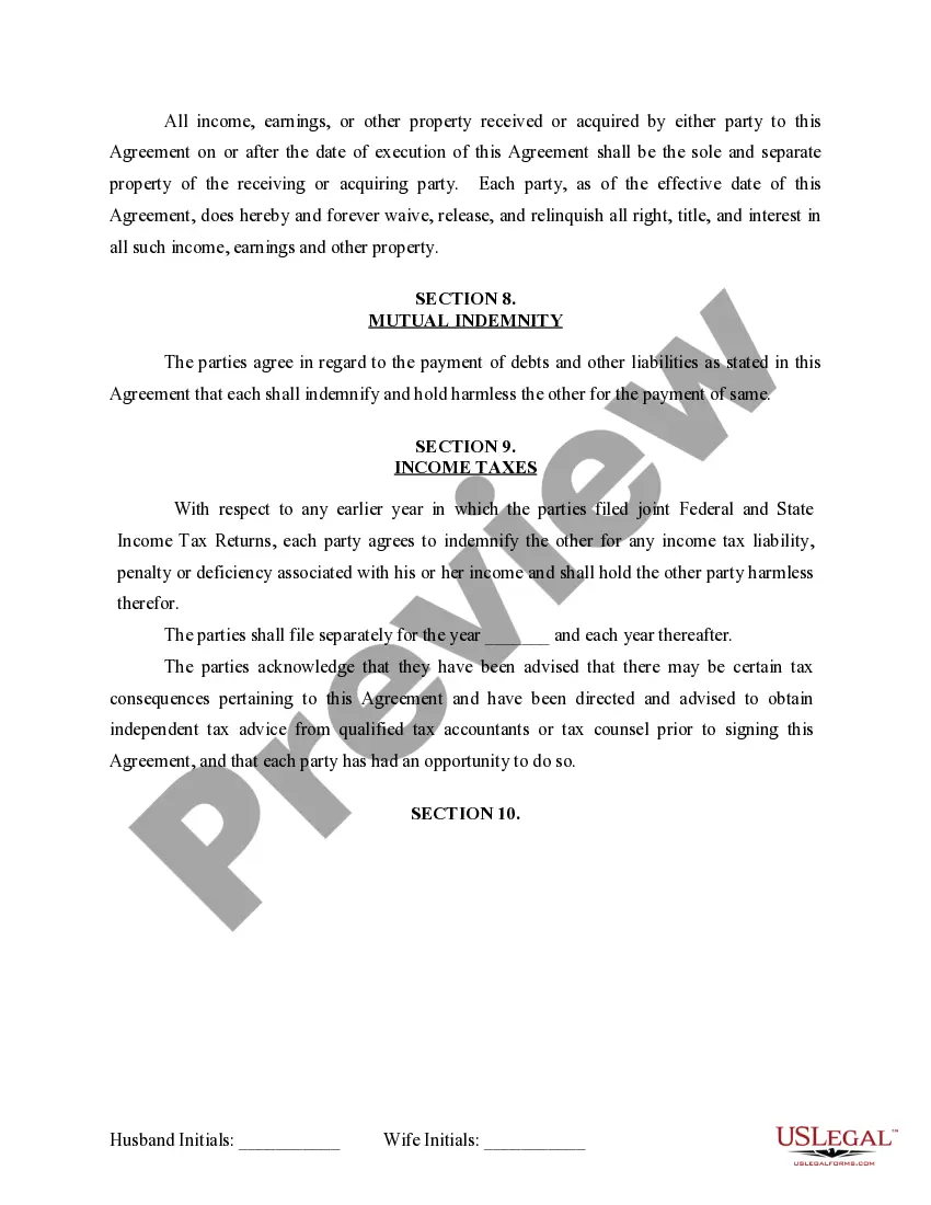 Preview Marital Domestic Separation and Property Settlement Agreement for persons with No Children, No Joint Property or Debts where Divorce Action Filed