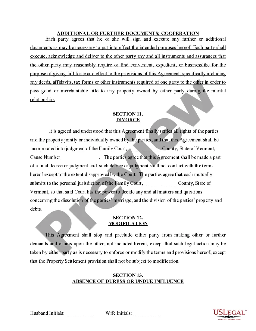 Preview Marital Domestic Separation and Property Settlement Agreement for persons with No Children, No Joint Property or Debts where Divorce Action Filed
