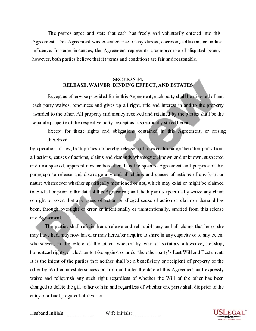 Preview Marital Domestic Separation and Property Settlement Agreement for persons with No Children, No Joint Property or Debts where Divorce Action Filed