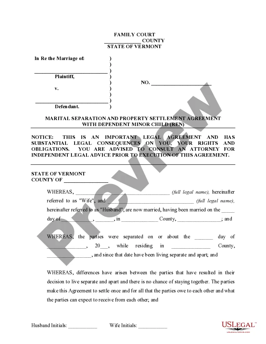 Preview Marital Domestic Separation and Property Settlement Agreement Minor Children no Joint Property or Debts where Divorce Action Filed