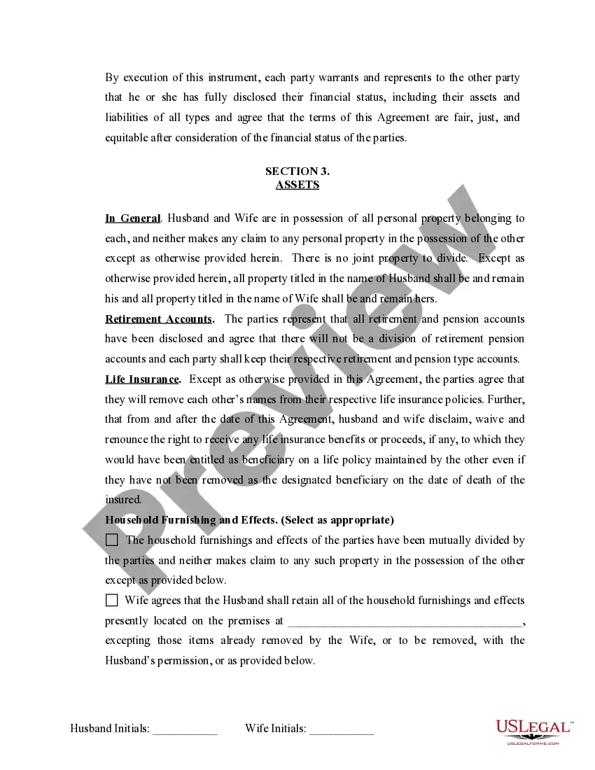Preview Marital Domestic Separation and Property Settlement Agreement Minor Children no Joint Property or Debts where Divorce Action Filed