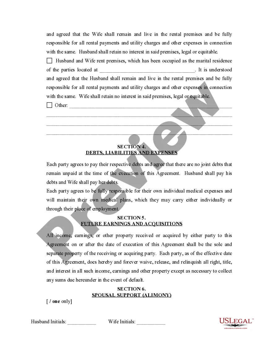 Preview Marital Domestic Separation and Property Settlement Agreement Minor Children no Joint Property or Debts where Divorce Action Filed