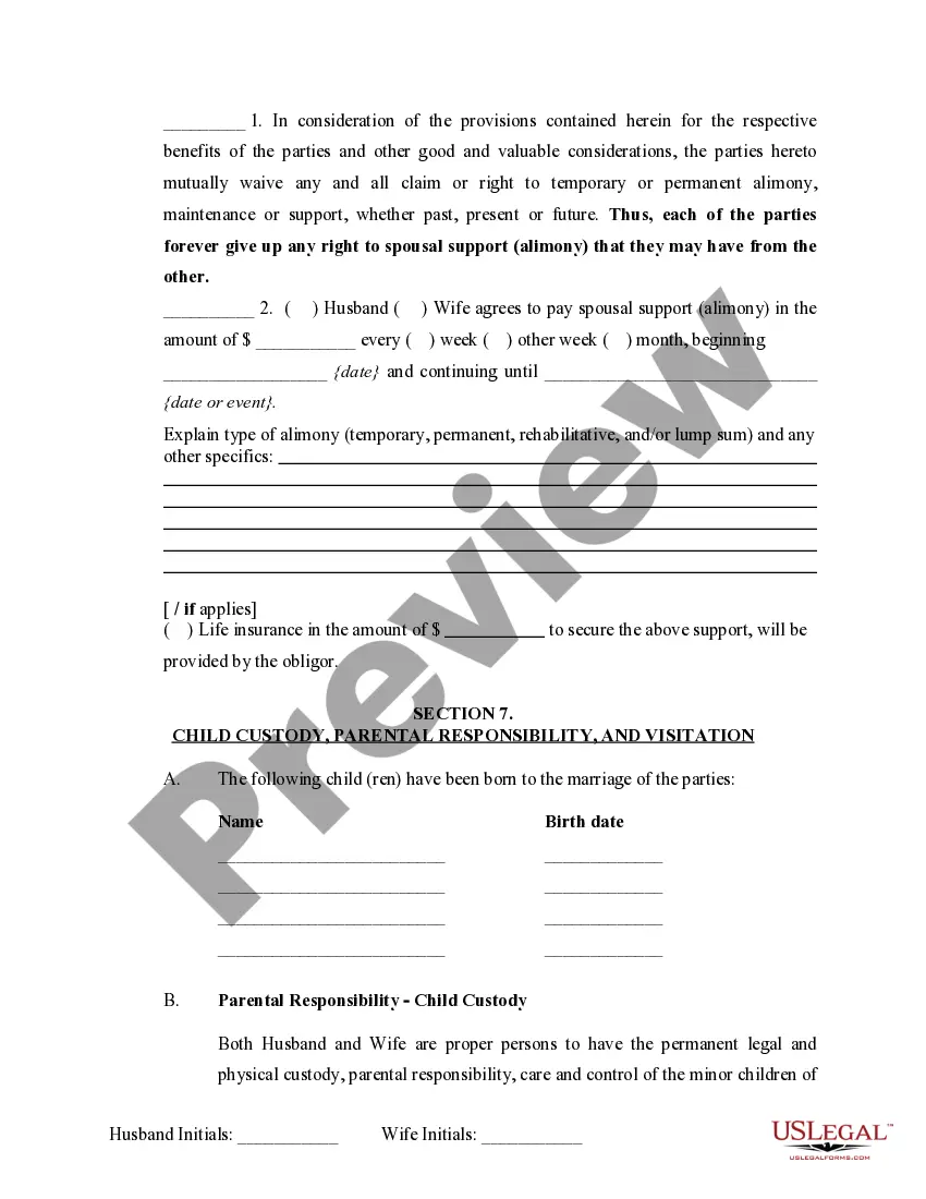Preview Marital Domestic Separation and Property Settlement Agreement Minor Children no Joint Property or Debts where Divorce Action Filed