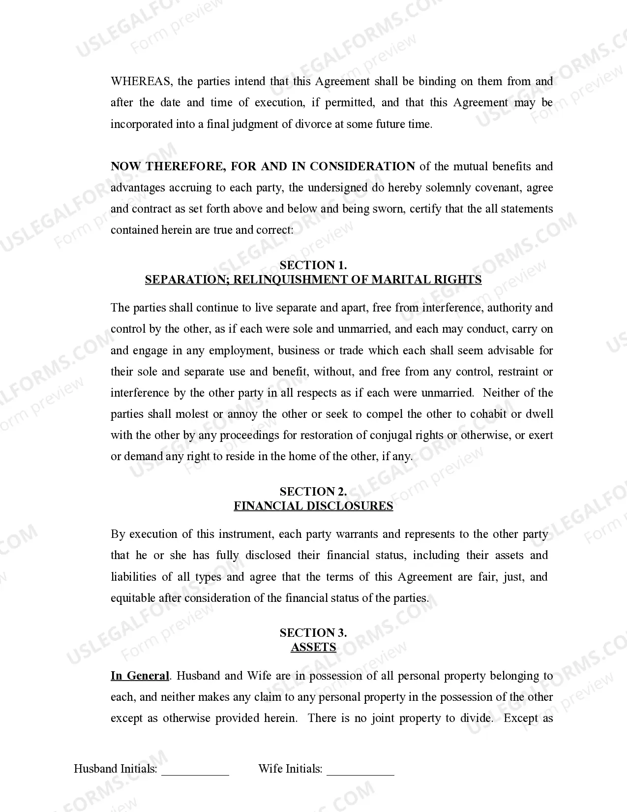 Preview Marital Domestic Separation and Property Settlement Agreement Minor Children no Joint Property or Debts effective Immediately