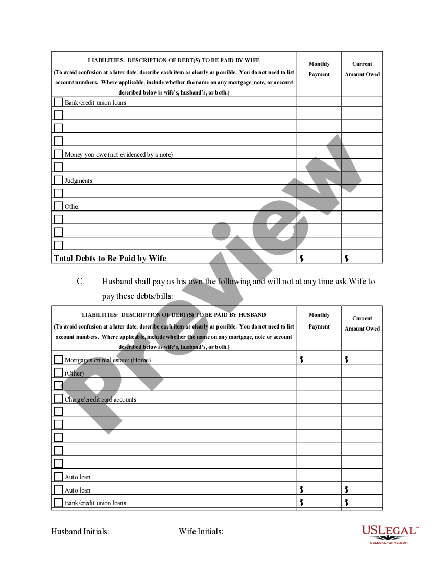 Vermont Marital Domestic Separation and Property Settlement Agreement