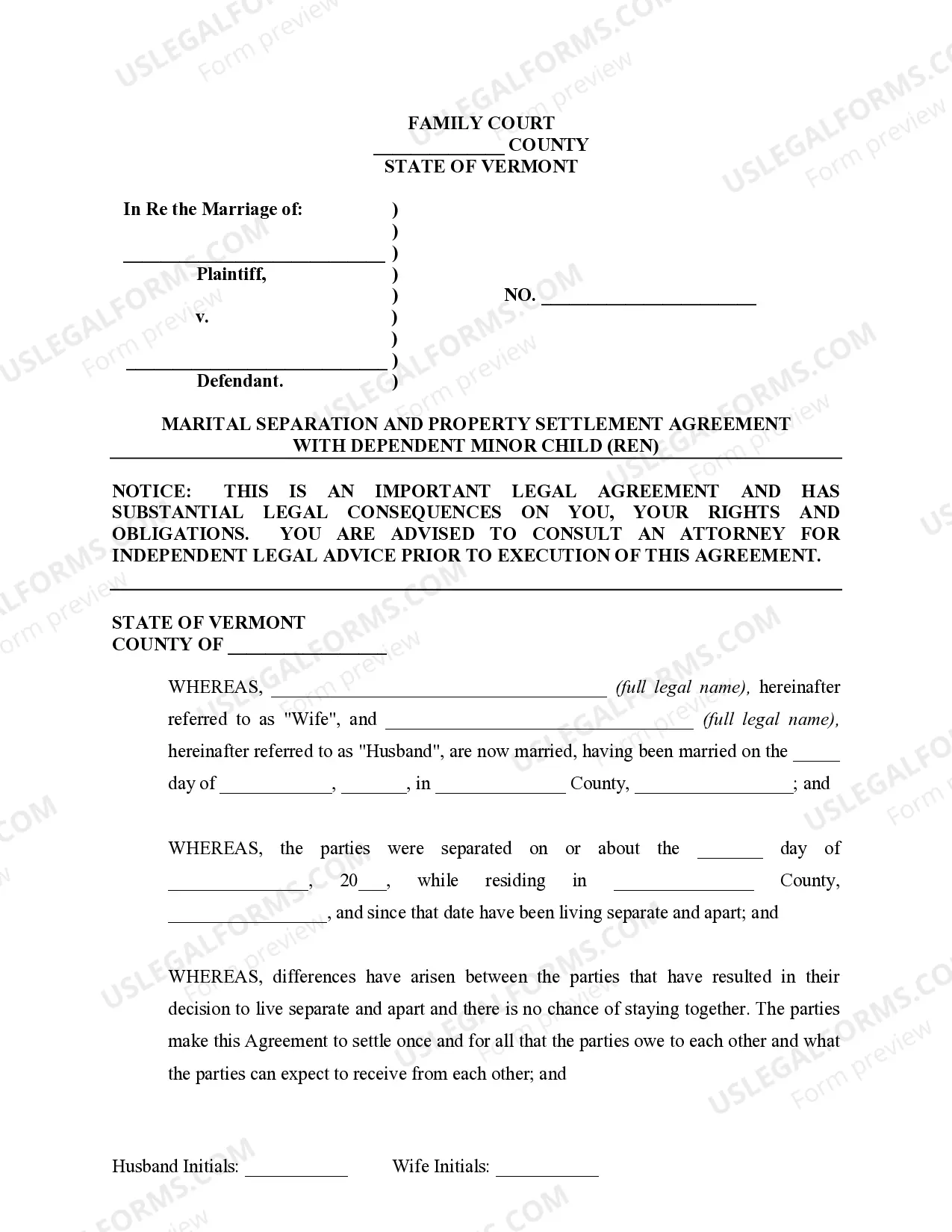 Preview Marital Domestic Separation and Property Settlement Agreement Minor Children Parties May have Joint Property or Debts where Divorce Action Filed