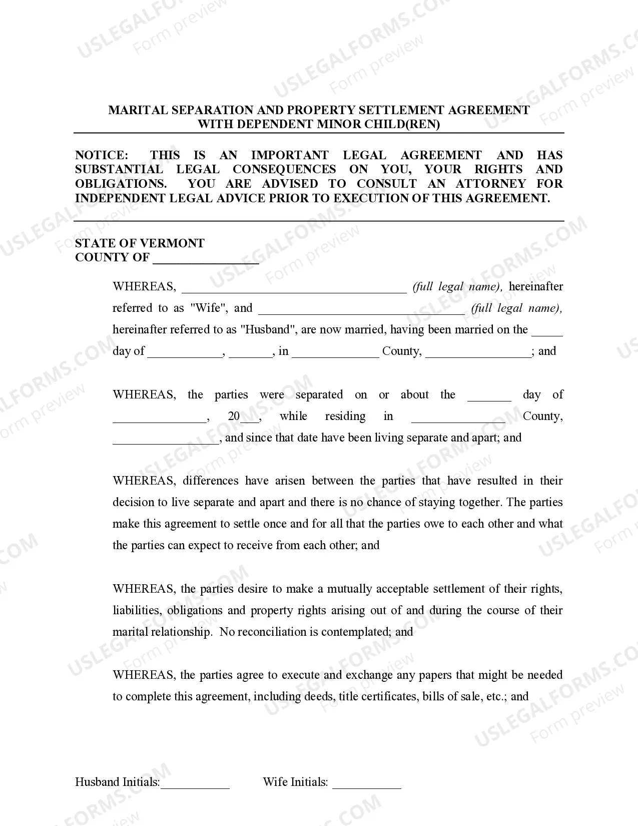 Preview Marital Domestic Separation and Property Settlement Agreement Minor Children Parties May have Joint Property or Debts effective Immediately