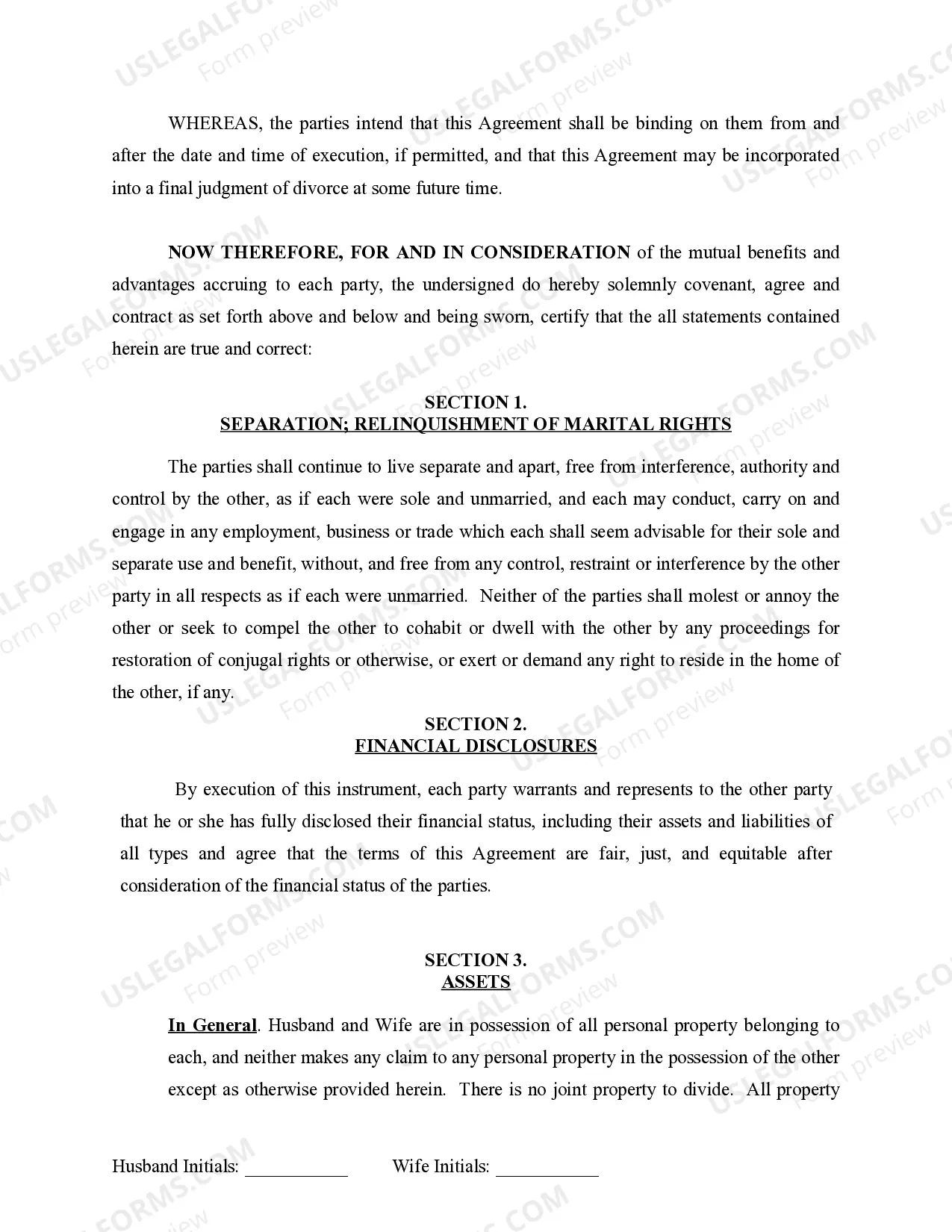 Preview Marital Domestic Separation and Property Settlement Agreement for persons with no Children, no Joint Property, or Debts Effective Immediately