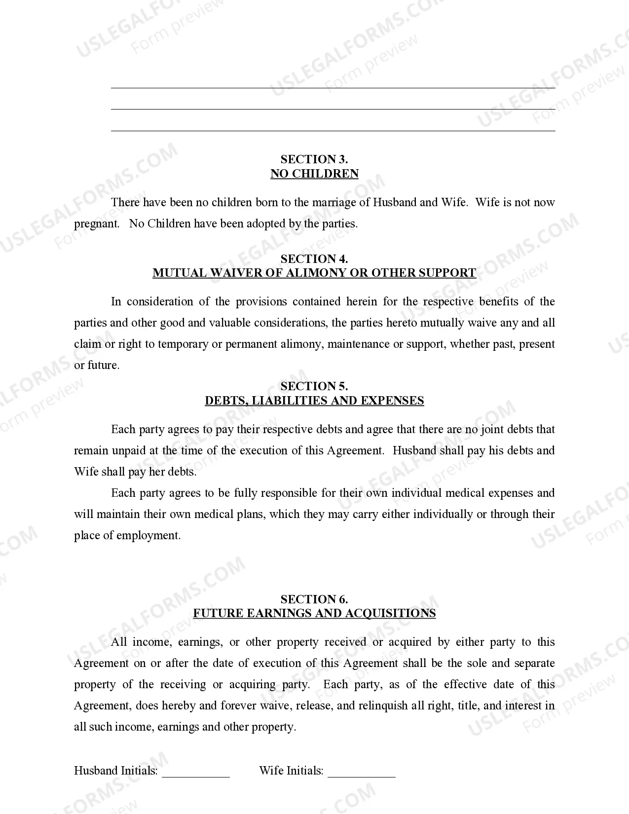 Preview Marital Domestic Separation and Property Settlement Agreement for persons with no Children, no Joint Property, or Debts Effective Immediately