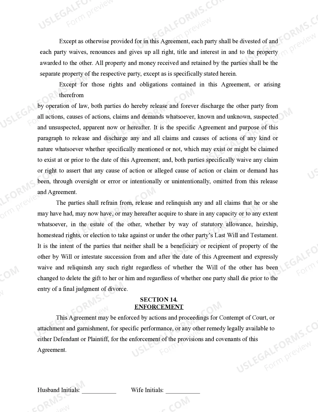 Preview Marital Domestic Separation and Property Settlement Agreement for persons with no Children, no Joint Property, or Debts Effective Immediately