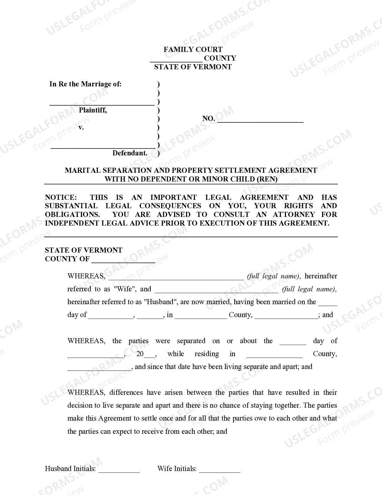 Preview Marital Domestic Separation and Property Settlement Agreement no Children parties may have Joint Property or Debts where Divorce Action Filed