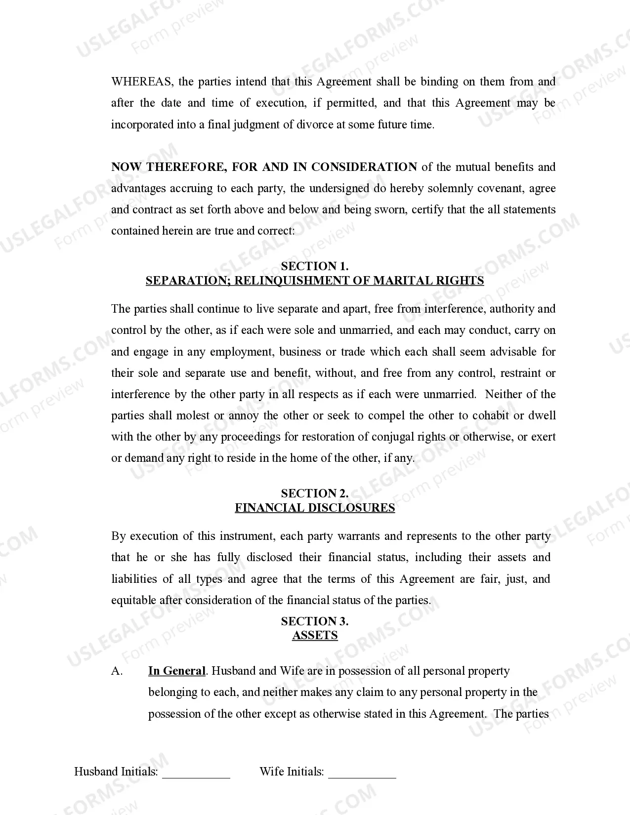 Preview Marital Domestic Separation and Property Settlement Agreement no Children parties may have Joint Property or Debts Effective Immediately