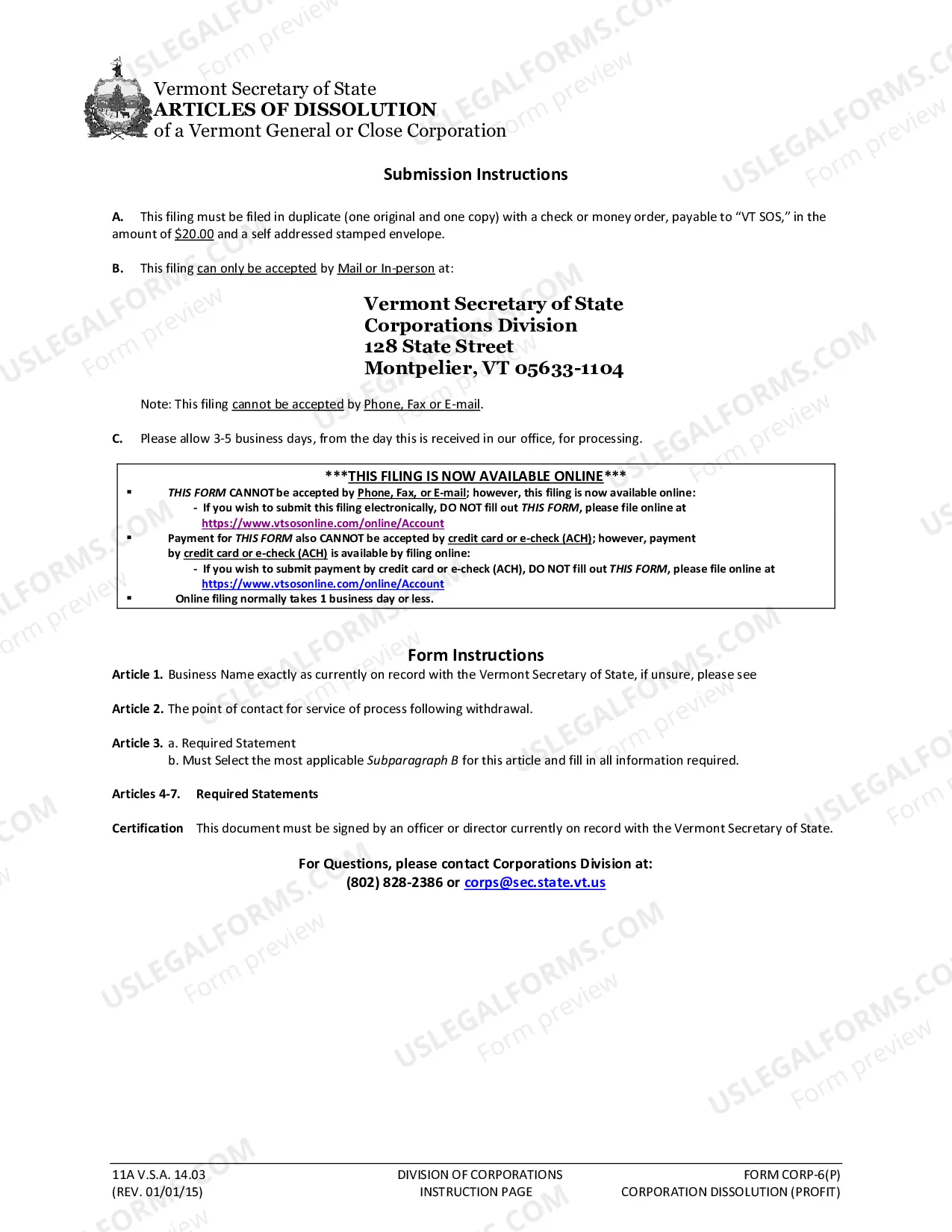 Preview Vermont Dissolution Package to Dissolve Corporation