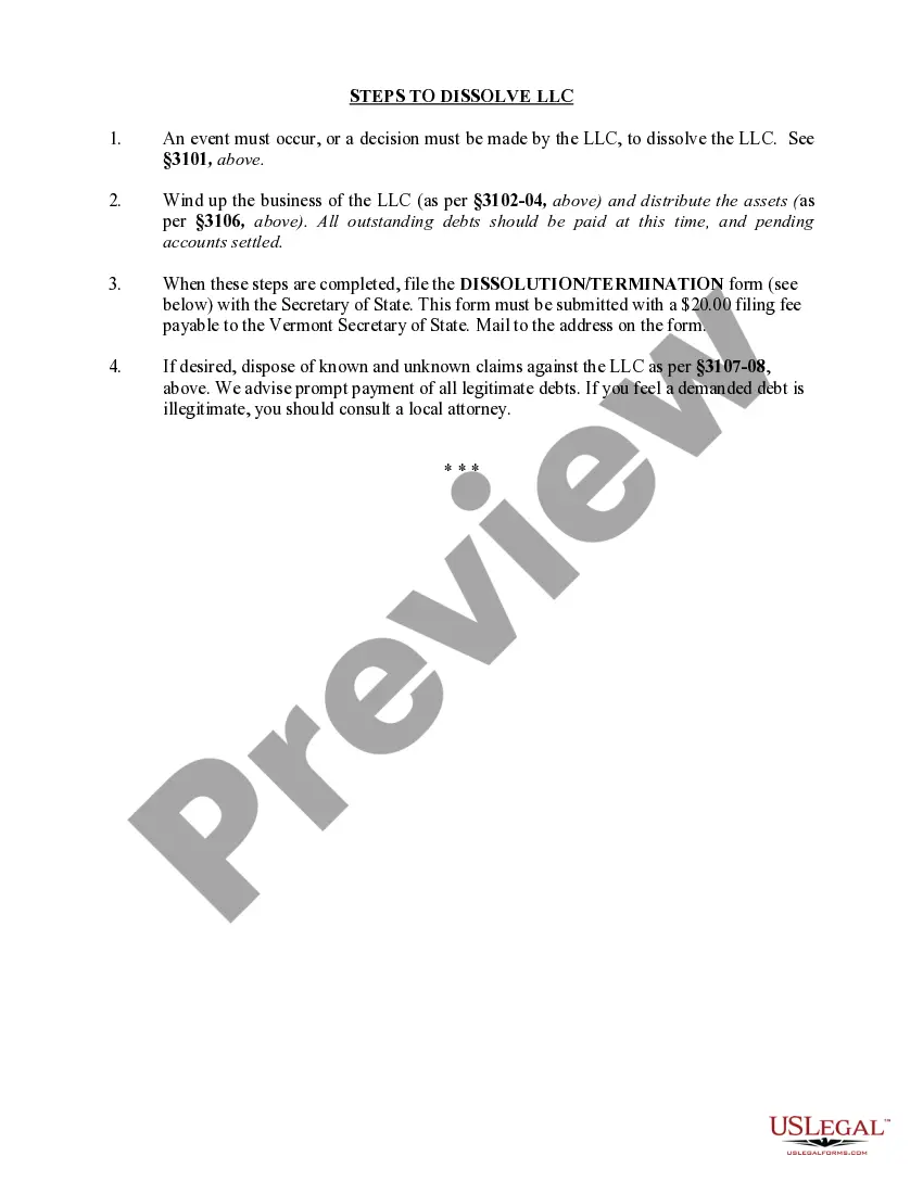 Get Vermont Dissolution Package to Dissolve Limited Liability Company LLC Preview Vermont Dissolution Package to Dissolve Limited Liability Company LLC