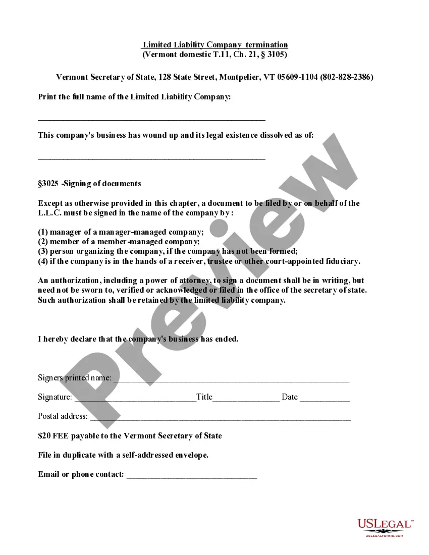 Get Vermont Dissolution Package to Dissolve Limited Liability Company LLC Preview Vermont Dissolution Package to Dissolve Limited Liability Company LLC