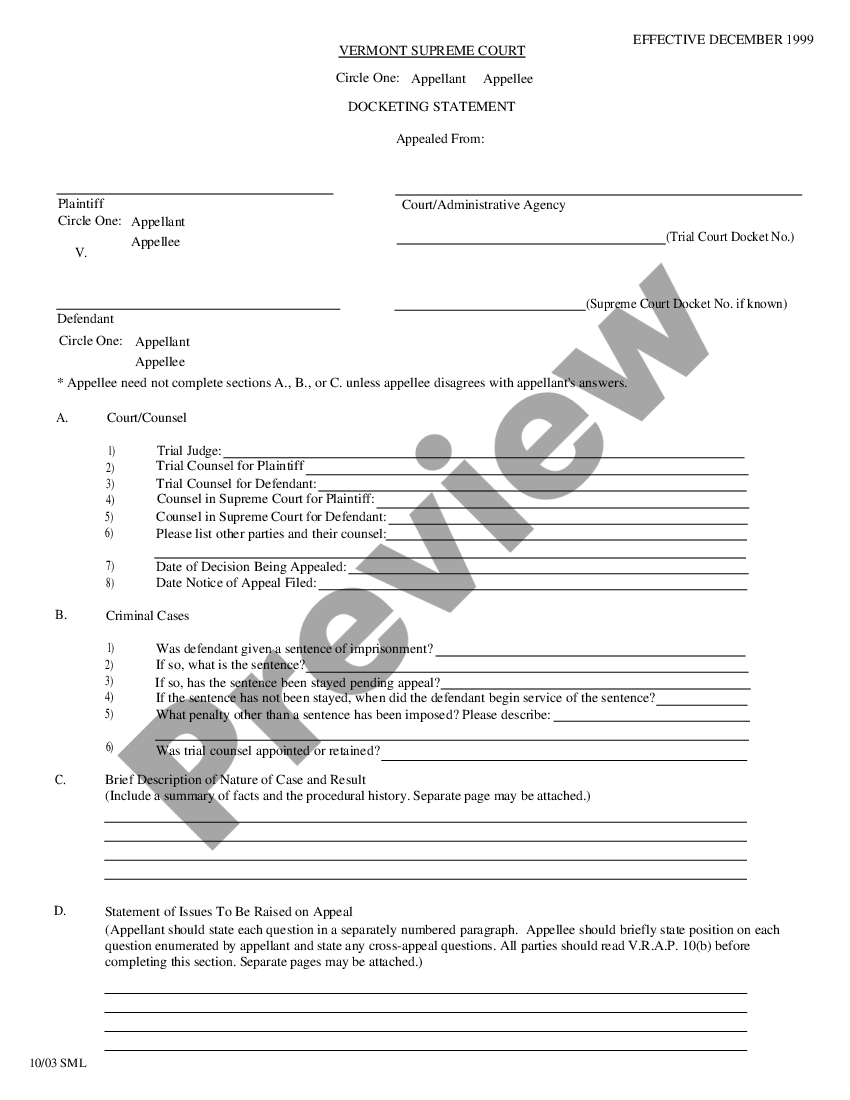 Vermont Supreme Court Docketing Sheet | US Legal Forms