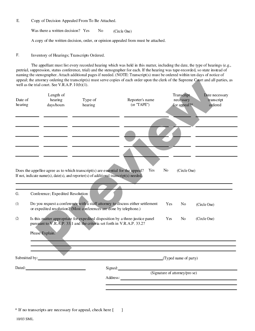 Vermont Supreme Court Docketing Sheet | US Legal Forms