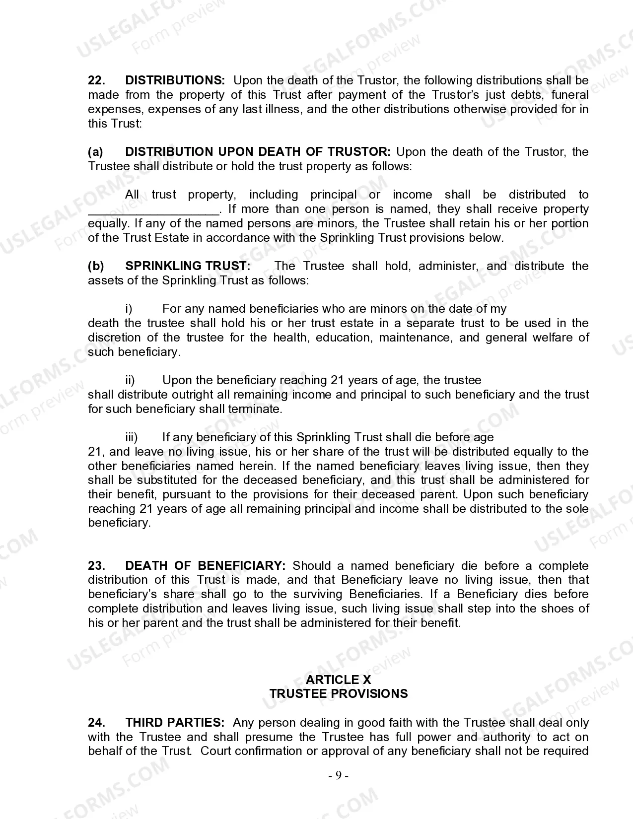 Preview Living Trust for Individual Who is Single, Divorced or Widow or Widower with No Children