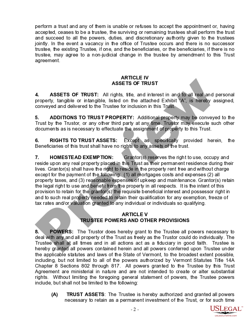 Vermont Living Trust for Individual Who is Single, Divorced or Widow or