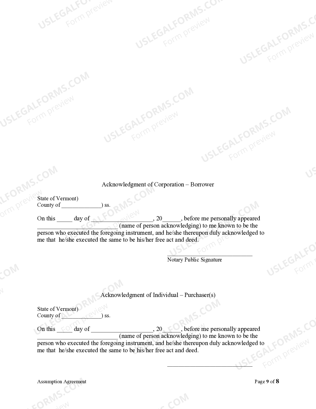 Vermont Assumption Agreement of Mortgage and Release of Original