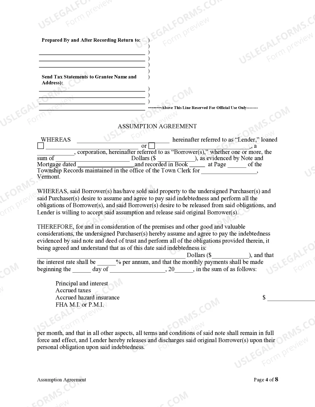 Preview Assumption Agreement of Mortgage and Release of Original Mortgagors