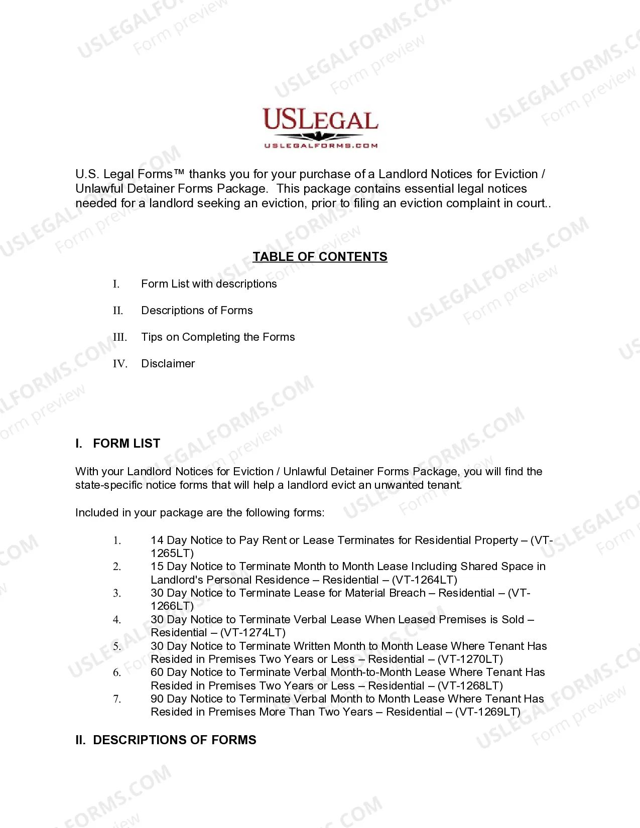 Preview Vermont Landlord Notices for Eviction / Unlawful Detainer Forms Package