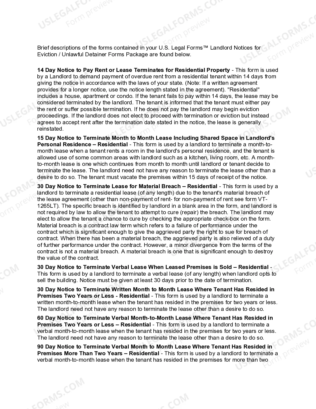 Preview Vermont Landlord Notices for Eviction / Unlawful Detainer Forms Package