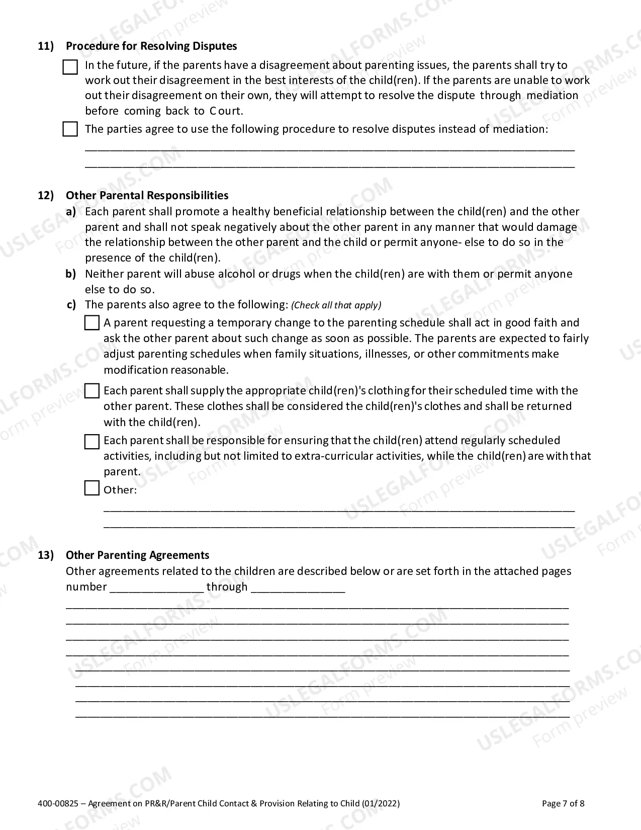 Preview Agreement on Parental Rights and Responsibilities, Parent Child Contact and Provisions Relating to Children- Stipulation Parenting Plan