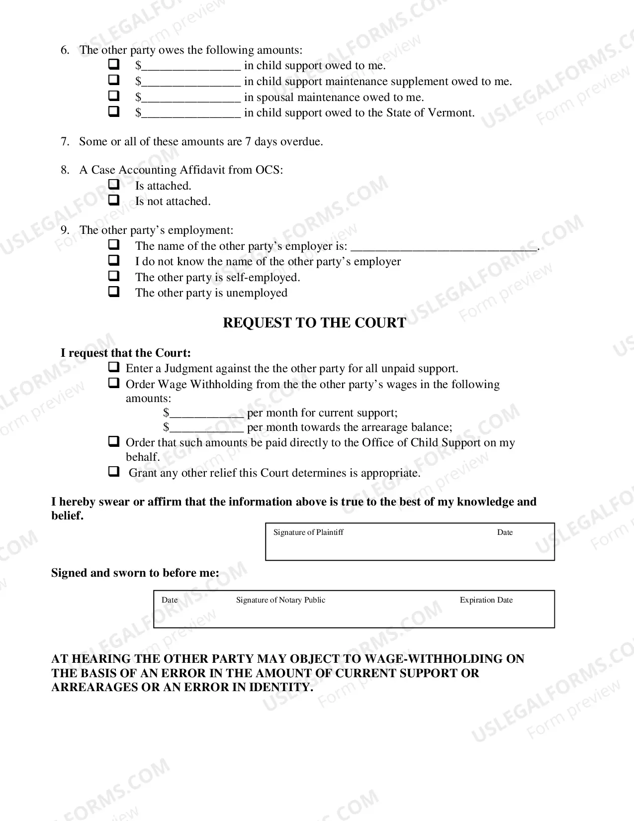 Preview Petition for Wage Withholding support order issued on or after July 1, 1990