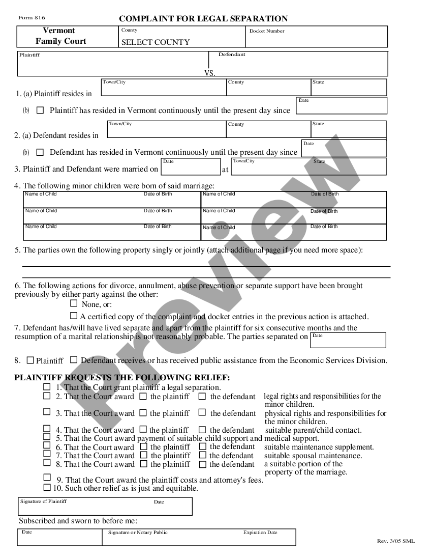 Vermont Complaint for Legal Separation Legal Separation Vermont US