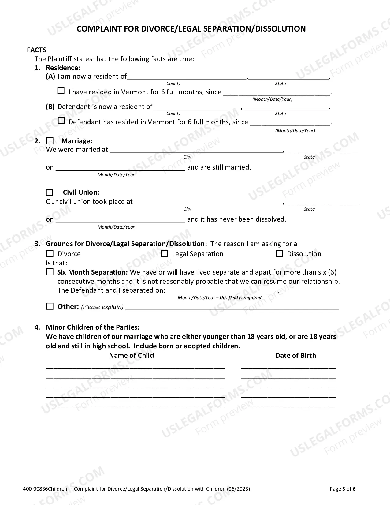 Preview Summons Complaint for Civil Dissolution Notice of Appearance and Affidavit of Child Custody