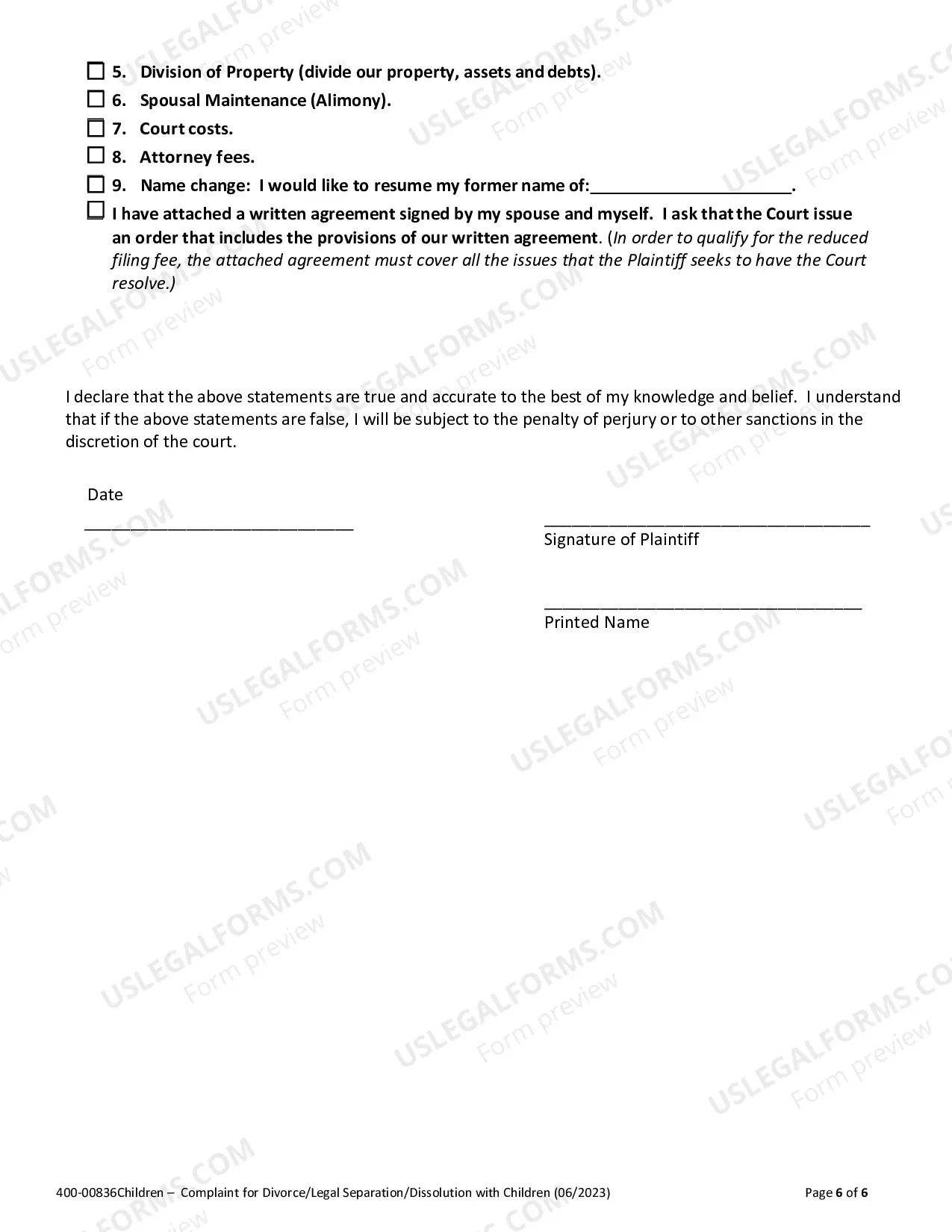 Preview Summons Complaint for Civil Dissolution Notice of Appearance and Affidavit of Child Custody