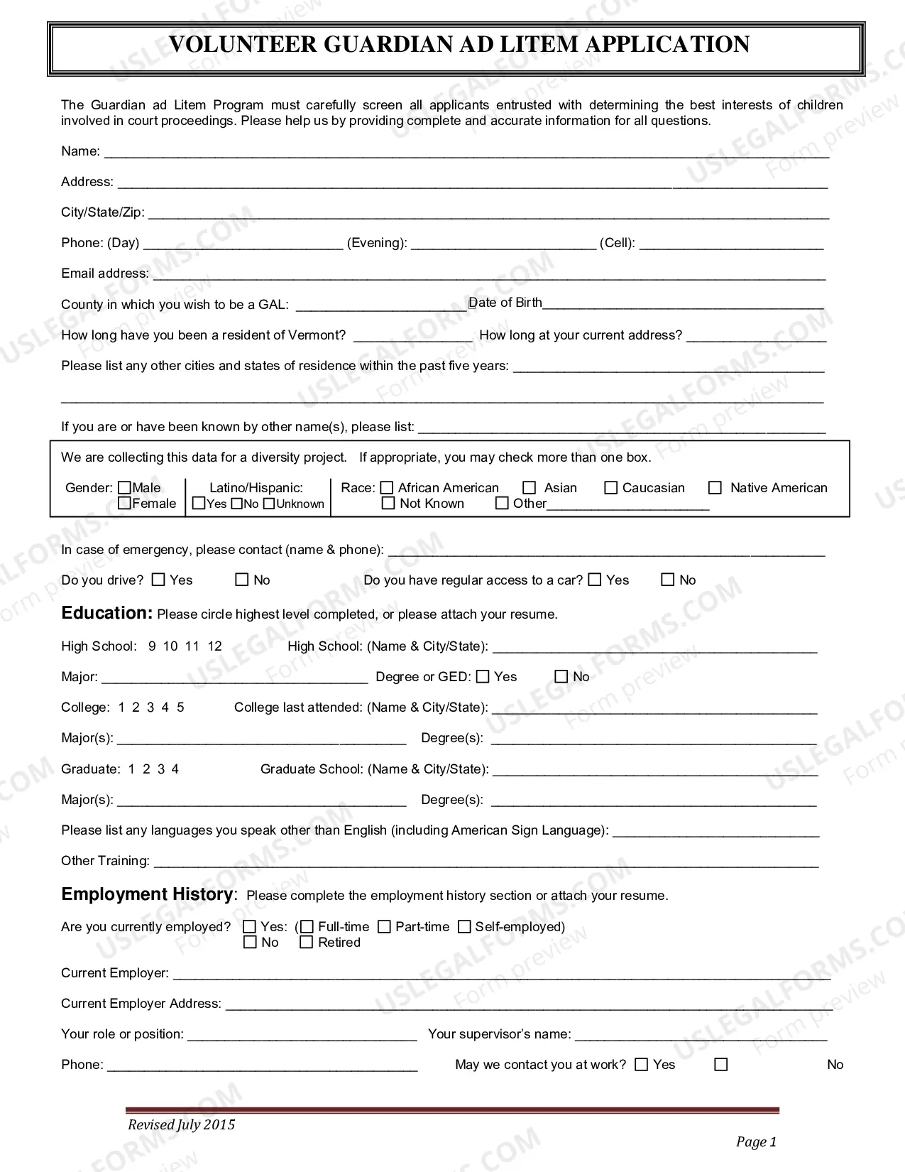 Preview Volunteer Guardian Ad Litem Application