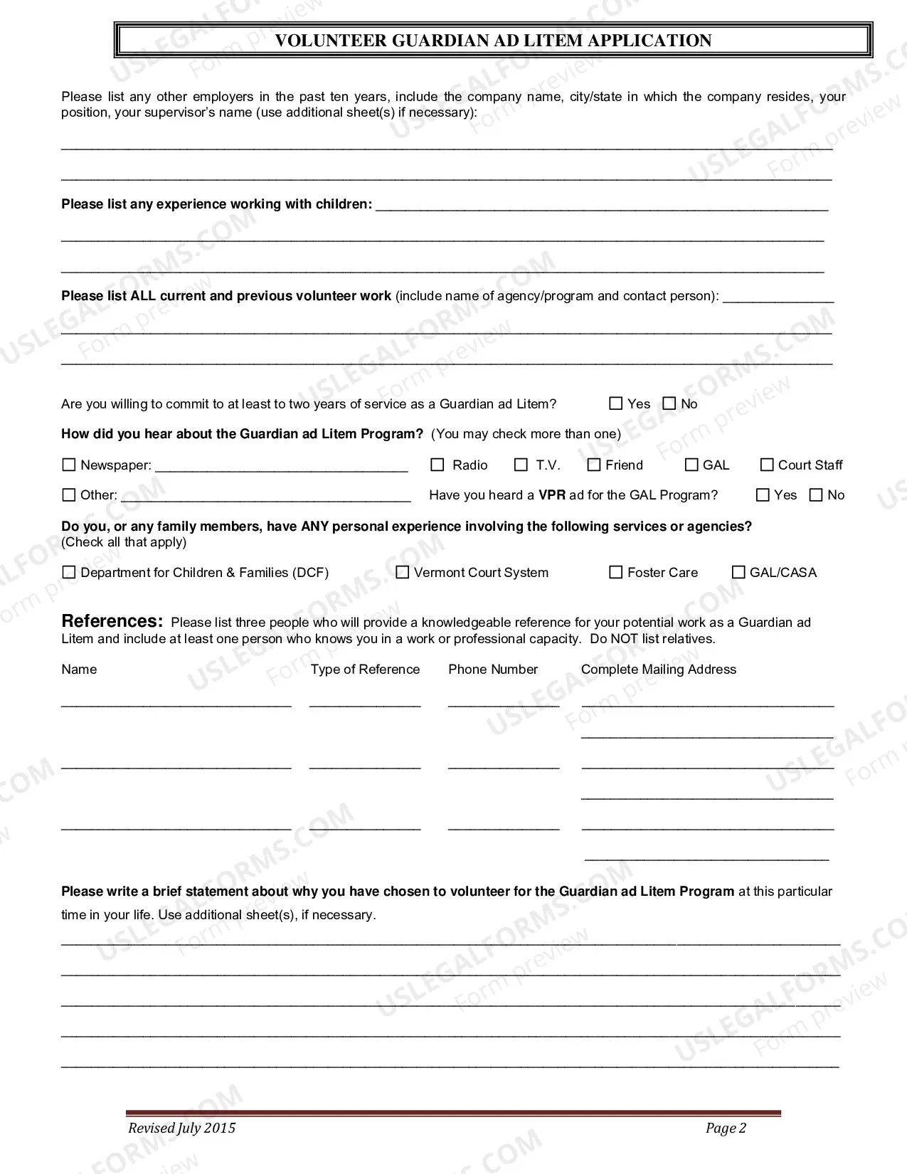 Preview Volunteer Guardian Ad Litem Application