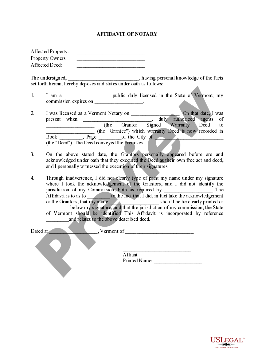 Vermont Affidavit of Notary US Legal Forms