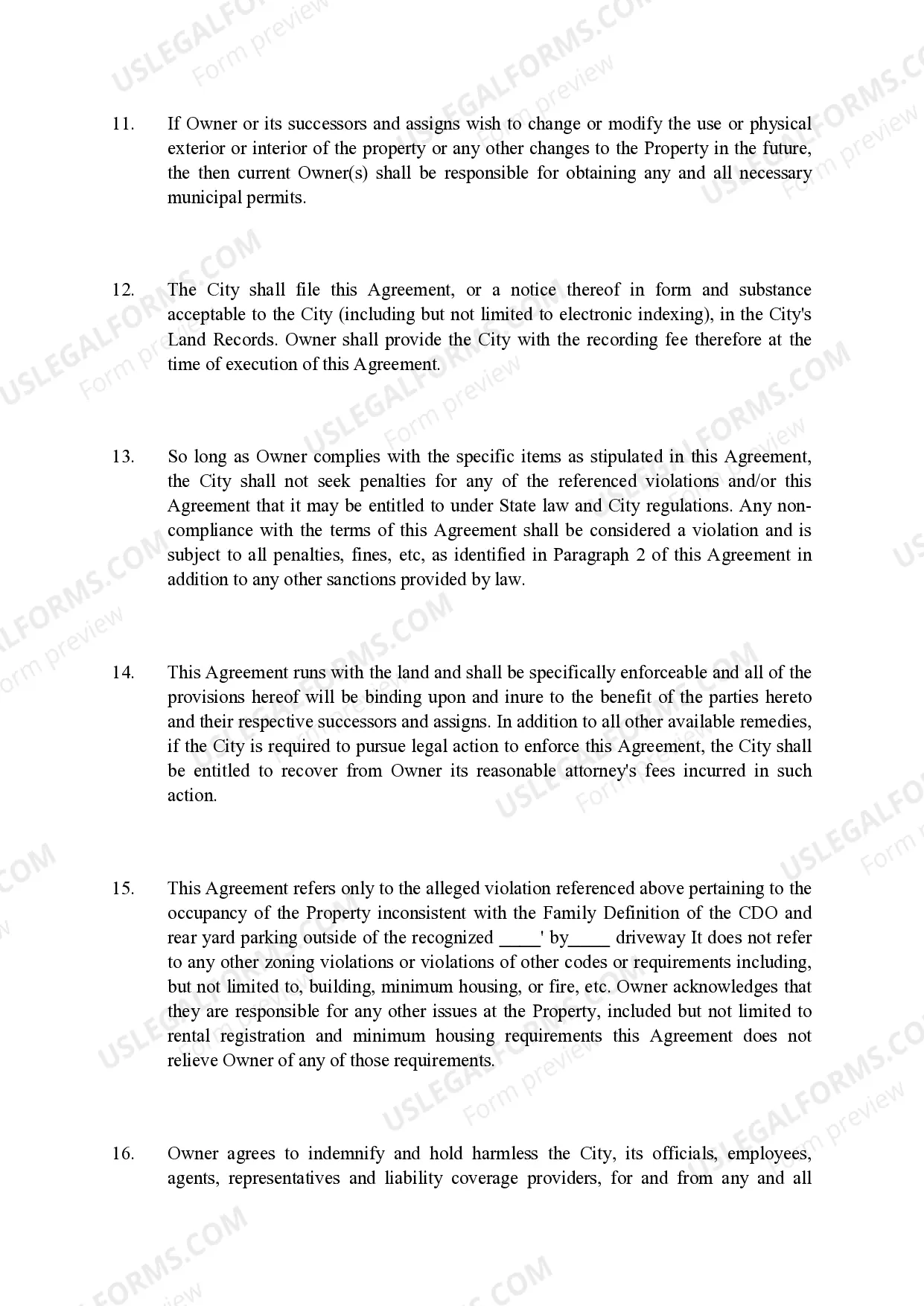 Preview Agreement for Zoning Violations