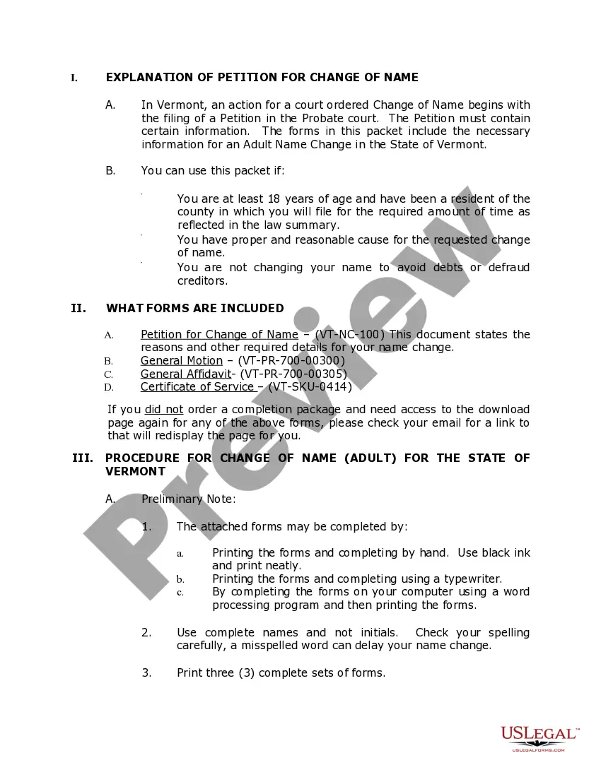 Preview Vermont Name Change Instructions and Forms Package for an Adult