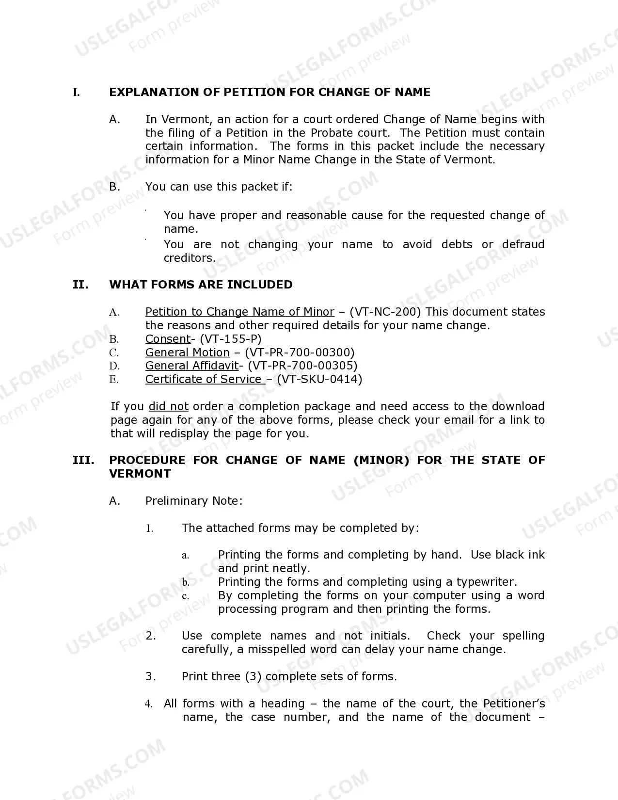 Preview Vermont Name Change Instructions and Forms Package for a Minor