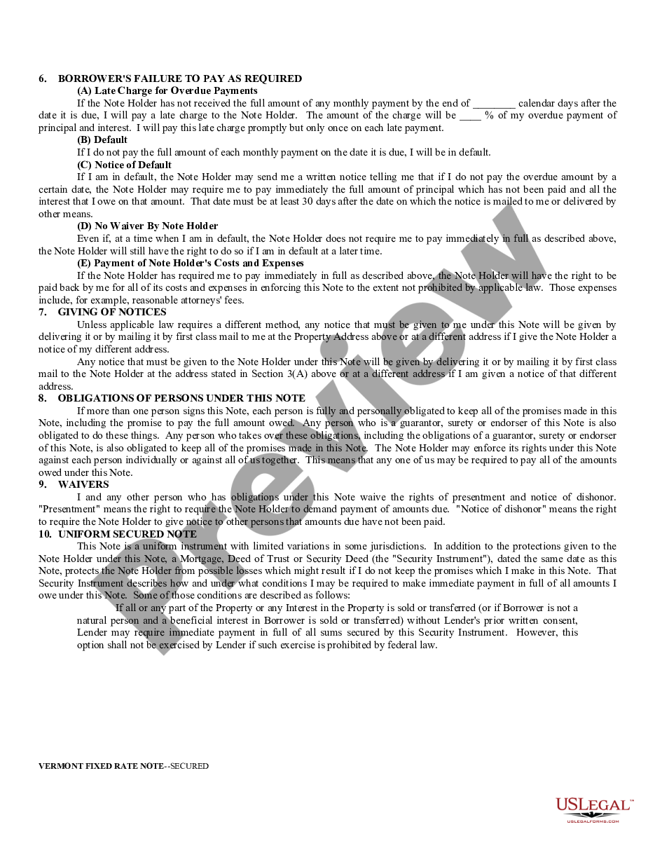 page 1 Vermont Secured Promissory Note preview