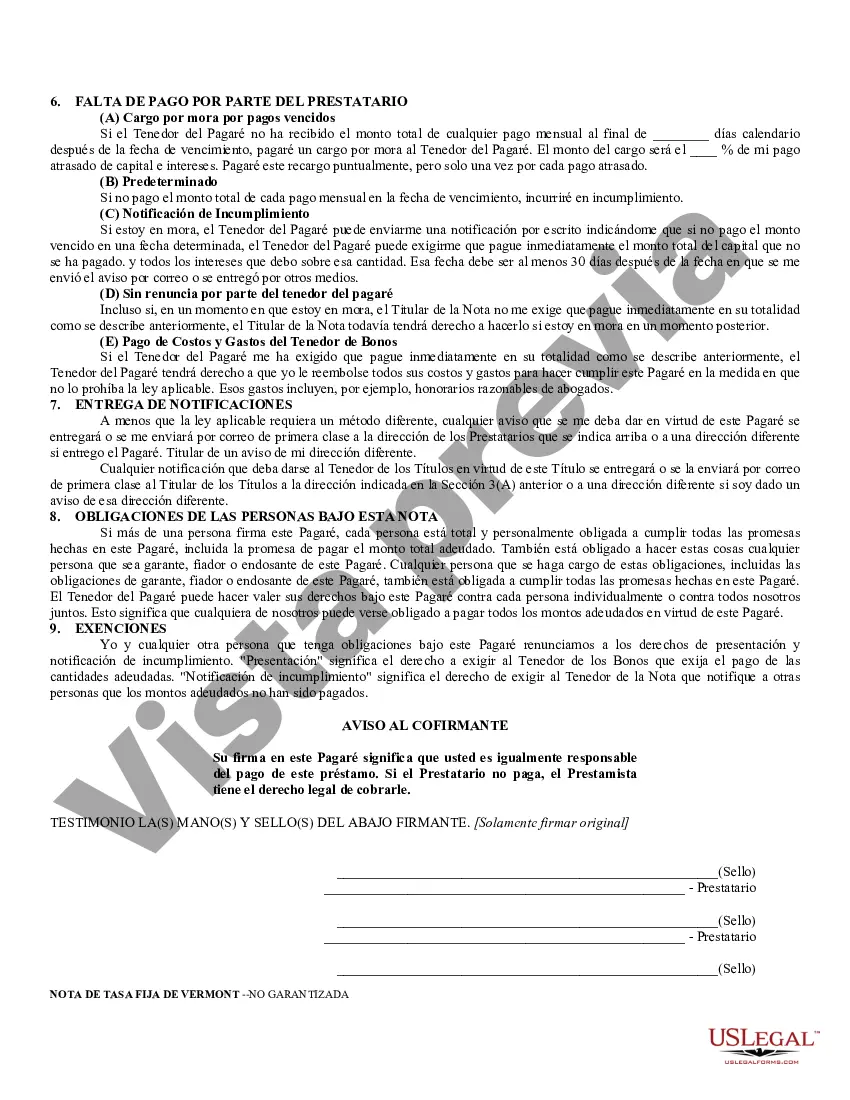 Preview Pagaré de pago a plazos no garantizado de Vermont para tasa fija